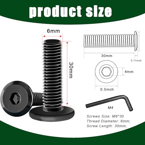 Taiss 30pcs M6 x 30mm Flat Head Socket Head Screw Furniture Bolts,Furniture Screws Stainless Steel 18-8(304),M6 Bolts Black Zinc Plated Fully Threaded,Countersunk Connector M6 Screws with Hex Spanner - size: 30PCS M6x30mm