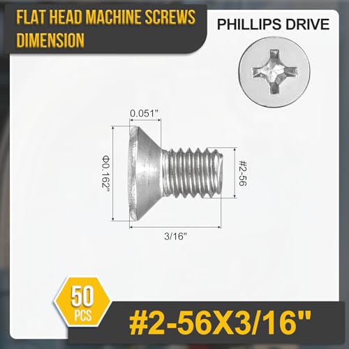 DTGN #2-56x3/16 Phillips Flat Head Machine Screw 304 Silver 50PCS - color: Silver, size: #2-56x3/16"