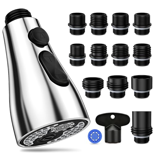 Kitchen Faucet Head Replacement 3 Modes with 12 Adapters, Pull Down Spray Head for Kitchen Faucet, Kitchen Sink Faucet Head G 1/2, Sprayer Head Replacement, Chrome - color: Chrome with 17 Adapters