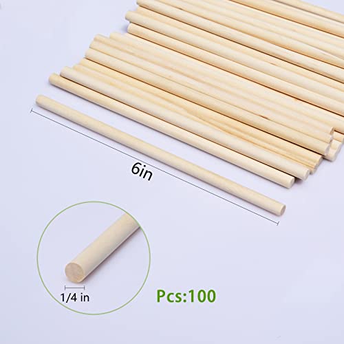 Wooden Dowel Rods, 100PCS 1/4 x 6 Inch Round Wooden Sticks for Arts Crafts, Home Decor, Cake Support, Photo Booth Props, Unfinished Natural Hardwood Sticks - size: 1/4 x 6 Inch (100PCS)
