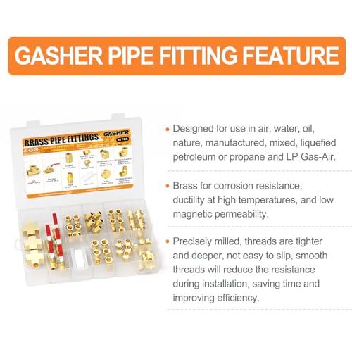 GASHER 48PCS 1/4"NPT Brass Pipe Fittings Kit，Coupling，90 Degree Elbow，45 Degree Elbow，Nipple，Ball Valve，Plug，Tee，4 Way，Reducer Adapter - style: Brass Pipe Fittings Kit（48Pcs）