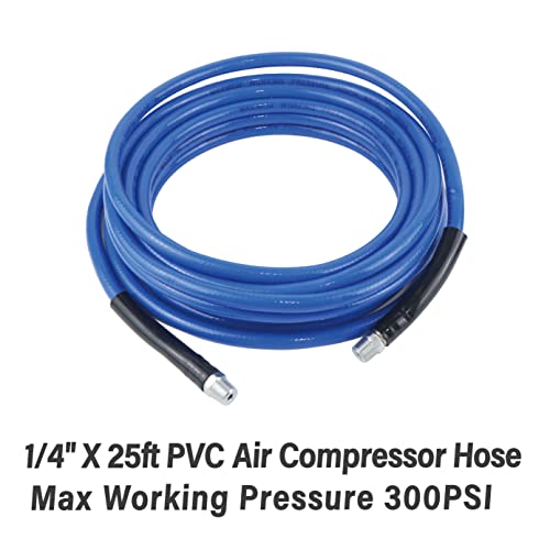 Air Compressor Accessories Kit, 9 Pieces, 1/4 Inch × 25FT PVC Hose, Deep Blue, Includes Blow Gun, Fittings, Chuck, Tire Gauge, 300 PSI - color: Deep Blue