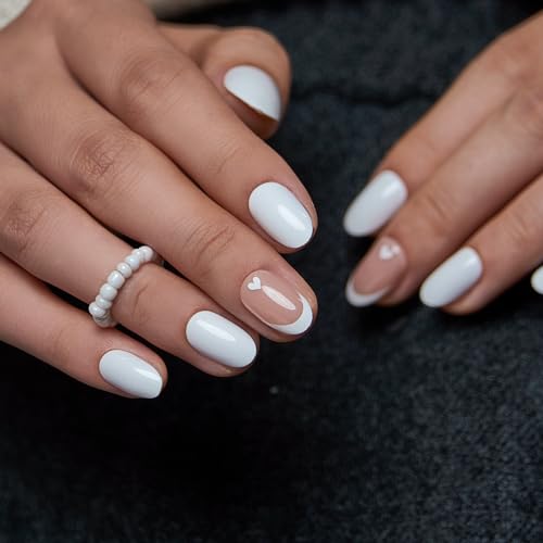 CurvLife Short Oval Press On Nails, Heart Kiss White, Soft Gel - color: C5 - French white