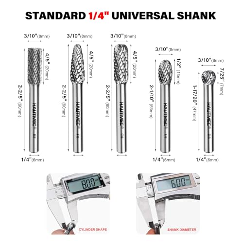 HAUTMEC 5Pcs Tungsten Carbide Rotary Burr Bit YG6, 1/4" Shank Double Cut Die Grinder Bit with Belt Pouch, Low Vibration Precision Rotary File for Metal Grinding, Engraving & Deburring (8MM), HT0455 - color: 5Pcs Set, size: 8mm