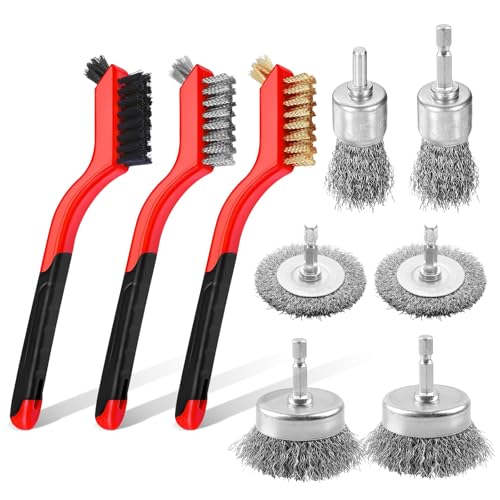 9Pcs Wire Brushes for Cleaning Rust, Small Wire Brush, Wire Wheel for Drill Steel Brush for Cleaning with Nylon, Brass, Stainless Steel, and Carbon Steel Bristles - 7-Inch Handle & 1/4-Inch Hex Shank