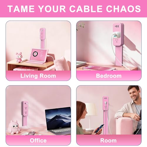 Electrical Outlet Extender Stick - Features USB-A, USB-C and 2 AC Outlets, Extends 22"-34", Rotates 180° Access Hard-to-Reach Outlets, Wall Plug Power Socket Expander Nightstands, Sofa, Desks and More - color: Pink