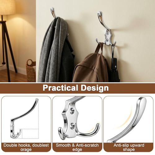 16 Pack Large Coat Hooks, Heavy Duty Three Prong Silver Metal Wall Hooks - color: Silver, size: 16PCS
