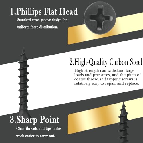 Drywall Screws, #7 x 1 in., Coarse Thread Phillips Bugle Head Screw for Drywall/Wood, Black Phosphate Coated Finish, Sharp Point, High Hardness Quick Self Tapping Screws, Black (120 Pieces) - size: #7 x 1-Inch