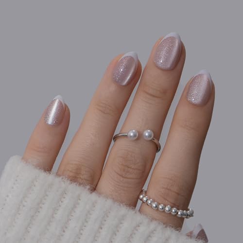 CurvLife Extra Short Almond French Tip Press On Nails, Glazed Blush Cat Eye - color: B3 - Snow Veil