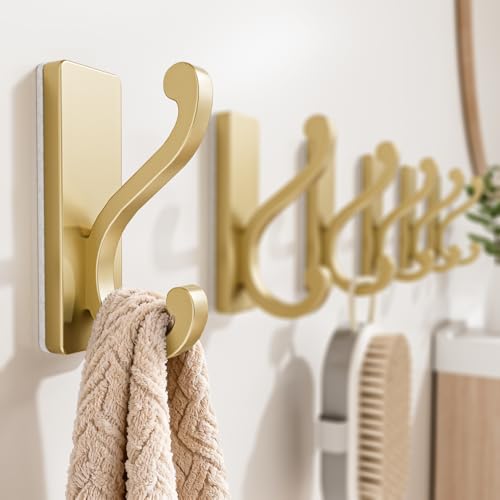 6 Pack Self Adhesive Coat Hooks - Gold Wall Hooks Wall Mount. - color: Gold