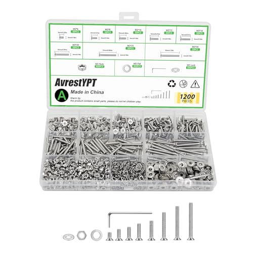 1200 Pcs Countersunk Head Hexagon Socket Screws Bolts and Nuts and Washers Assortment Kit, M3 Metric Stainless Steel Bolts and Machine Screws and Nuts and Washers Set for Home Industrial - size: M3x6/8/10/12/14/20/25/30-1200Pcs