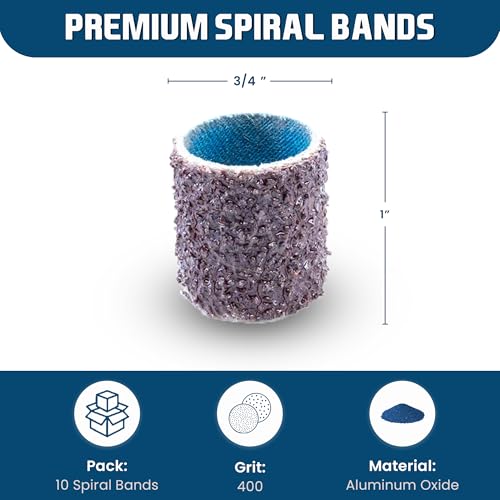 Benchmark Abrasives 3/4” x 1” Aluminum Oxide Abrasive Spiral Bands for Rotary Tools, Drum Sleeves for Sanding Deburring Blending Polishing on Metals Plastic Wood Rubber (10 Pack) - 400 Grit - style: 400 Grit