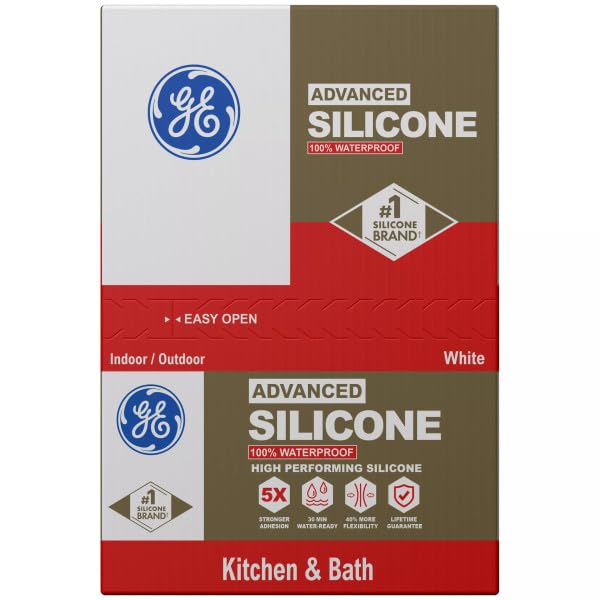GE Advanced Silicone Caulk for Kitchen & Bathroom, White, 10 fl oz Cartridge, 12 Pack - 100% Waterproof Silicone Sealant, 5X Stronger Adhesion, Shrink & Crack Proof - size: Pack of 12, style: White
