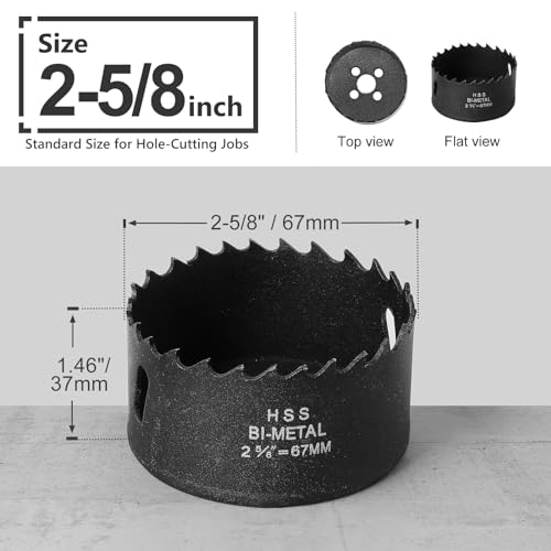 2-5/8 Inch Hole Saw with 3/8" Triangle Shank Quick Change Arbor, JTemgle Bi-Metal Hole Saw Heavy Duty Hole Cutting Tool for Cornhole Boards, Recessed Lights, Wood, Plastic, Drywall & Soft Metal - size: 2-5/8"