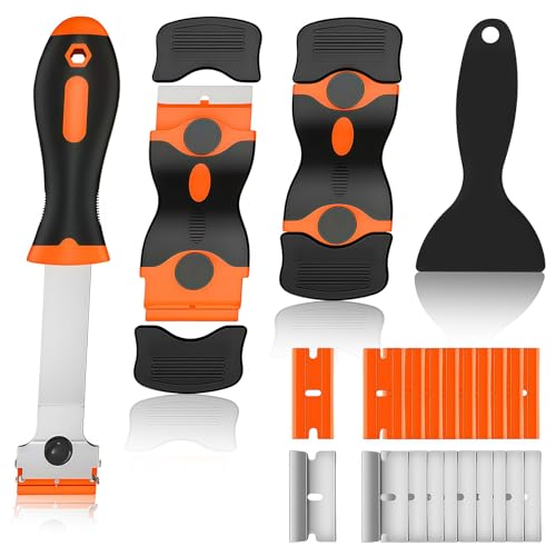 Razor Blade Scraper Tool -4 Pack Cleaning scrapper with 10 Metal & 10 Plastic Razor Blades Multi-Purpose Glass Scraper for Windows, Sticker, Decals, Cooktop, Paint Removal,Stovetop(Orange)