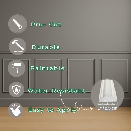 Wall Molding Kit – Pre-Cut & Primed Trim Package, DIY Ready-to-Assemble Wainscoting Panels, Paintable Polystyrene Wall Frame, Durable Classic Wall Trim (Style-3)