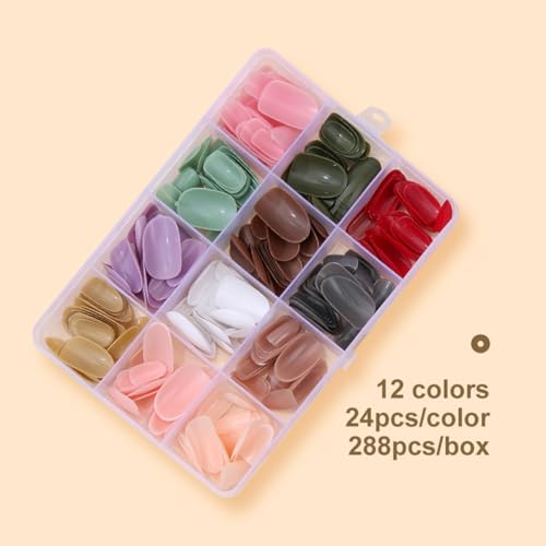 288 Pcs Press On Nails Short Almond Fake Nails Press Ons Set Full Cover Acrylic Glue on Nails Reusable Glossy Artificial Nail Kit Oval False Nails for Women Girls Manicure 12 Color - color: A004