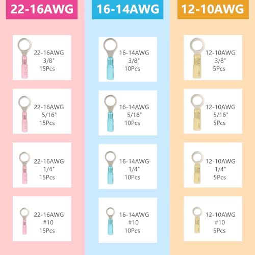 Heat Shrink Ring Terminals Wire Connectors #10 1/4" 5/16" 3/8" Ring Terminal Kit 12-10 16-14 22-16 Gauge Insulated Crimp Electrical Connector Set (Pack of 120Pcs)