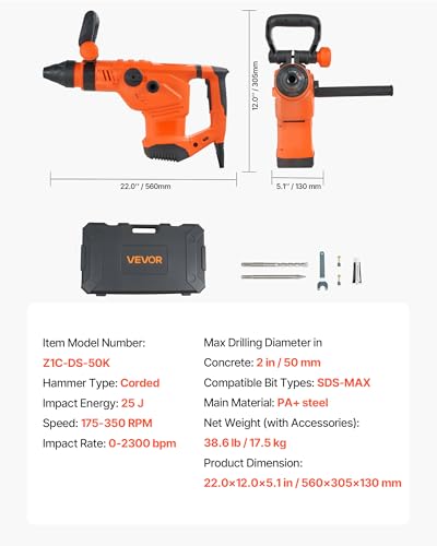 VEVOR 1-3/4" SDS-Max Rotary Hammer Drill, 13Amp Corded Drills, Heavy Duty Chipping Hammers w/Vibration Control & Safety Clutch, Electric Demolition Hammers, Power Tool For Concrete - size: 1-3/4 in
