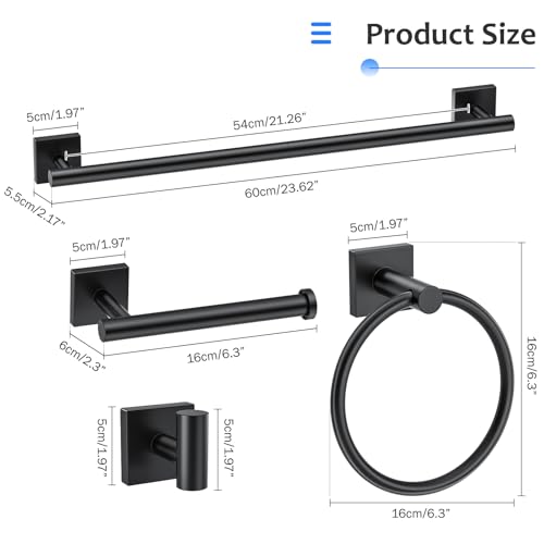 5 Pieces Bathroom Hardware Accessories Set Matte Black Towel Bar Set Stainless Steel Wall-Mounted Towel Holder 23.6 Inch Towel Racks for Bathroom - color: Matte Black