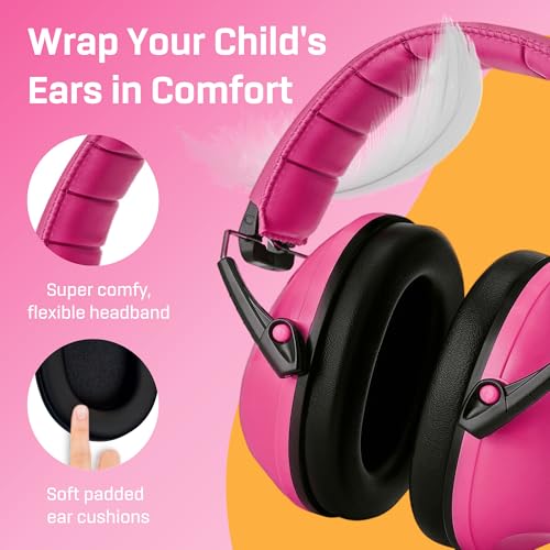 Kids Noise Canceling Headphones - 33 dB (2K Hz) - Ear Protection Earmuffs | Vanderfields' earmuffs protect child's hearing with certified noise-cancellation, soft ear cushions, and adjustable headband - color: Pink