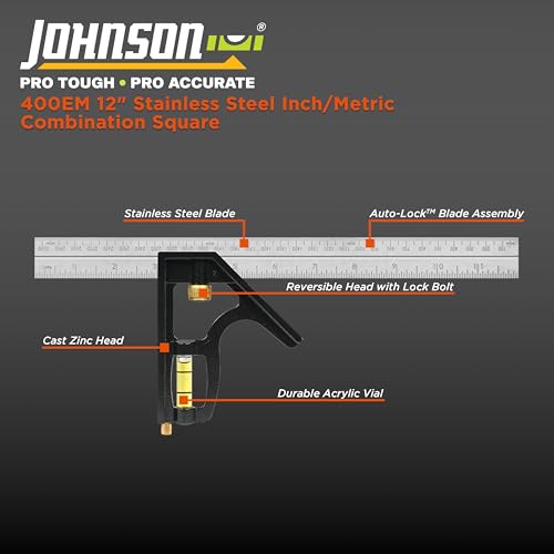 Johnson Level & Tool 400EM Professional Inch/Metric Metal Combination Square, 12", Silver, 1 Square - style: 400EM Inch/Metric Metal