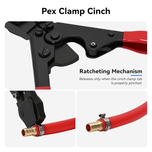 PEX Cinch Clamp Tool Kit - 3/8" to 1" Clamp Tool, Pipe Cutter, 12 Brass PEX Fittings (5 Coupling, 5 Elbow, 2 Tee), 20 * 1/2" + 10 * 3/4" Stainless Clamps
