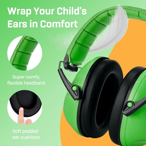 Kids Noise Canceling Headphones - 33 dB (2K Hz) - Ear Protection Earmuffs | Vanderfields' earmuffs protect child's hearing with certified noise-cancellation, soft ear cushions, and adjustable headband - color: Green