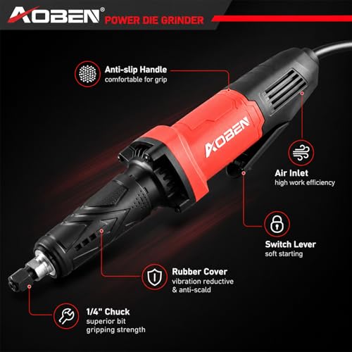 AOBEN Power Die Grinder 28,000 RPM Max, Electric Straight Grinder Tool 1/4" Collet, Power Motor Heavy-Duty for Metal Grinding, Polishing, Welding Repair & Rust Removal, Ergonomic Grip