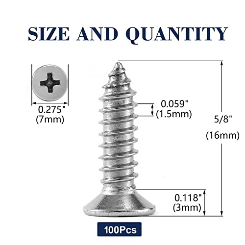#7 x 5/8" Wood Screw 100Pcs 18-8 (304) Stainless Steel Screws Flat Head Phillips Fast Self Tapping Drywall Screws by SG TZH - size: #7 x 5/8"
