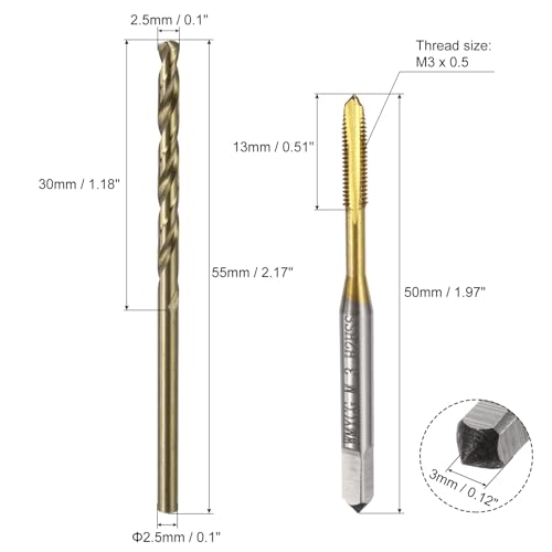 uxcell Metric Tap & Drill Bit Set, 2pcs M3 x 0.5 Spiral Point Thread Taps Titanium Coated and 2pcs 2.5mm Twist Drill Bits Roasted Yellow, Screw Tapping Threading Tools - size: M3 x 0.5 + 2.5mm