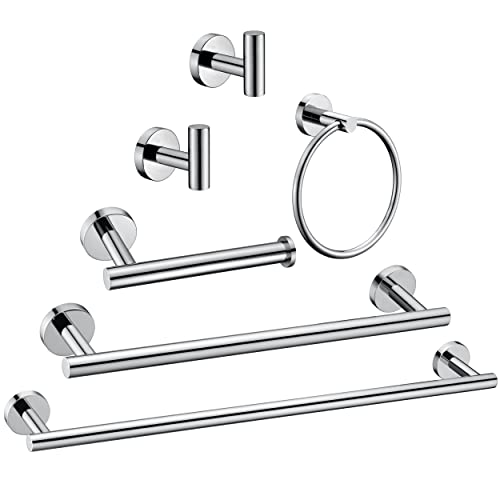 6 Pieces Polished Chrome Bathroom Hardware Accessories Set Hand Towel Ring 16&23.6 inch Round Towel Bar Toilet Paper Holder Towel Hooks 2 Pieces SUS 304 Stainless Steel,Heavy Duty,Wall Mounted - color: Polished Chrome, size: 6 piece 24"