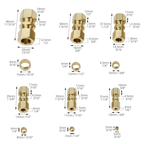 QWORK 46pcs Brass Compression Tube Fittings, 1/8" 3/16" 1/4" 5/16" 3/8" 1/2" OD Straight Union Coupling Assortment Kit for Truck Airlines