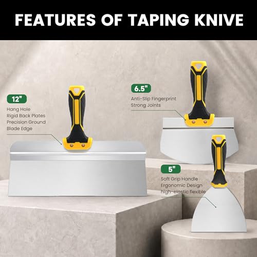 Voomey Drywall Tool Kit 8Pcs Stainless Steel Putty Knife Set with Taping Knives,Painter Scraper,Mud Pan and Scoop for Drywall Joint Taping, Finishing,and Patching