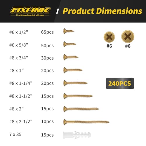 240PCS Wood Screws Assortment Kit, FIXLINK Zinc Coated Flat Head Screws Set - color: Yellow Zinc