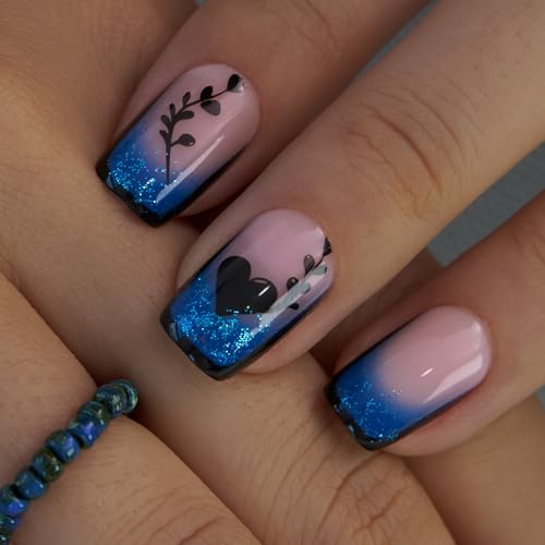 CurvLife Medium Square Ombre Press On Nails, Sparkle Blue, Soft Gel - color: Sparkle Ombre Tips