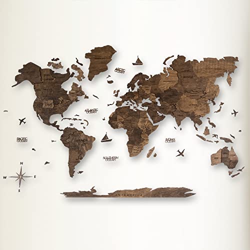 AWESOMETIK WALNUT 3D World Wood Map | 3D Wood Map of the World Easy Installation with Double Sided Tape Includes Add Ons Premium Durable Plywood Ideal for Home and Office Decor M, L, XL