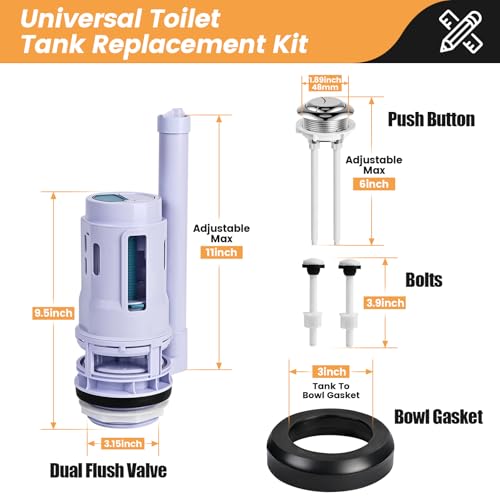 3-Inch Dual Flush Valve Replacement Kit for 2-Piece Toilets, Toilet Repair Kit Inside Tank with Push Button, Gasket & Bolts,Compatible with Glacier Bay, American Standard, and Toto - size: 3 Inch