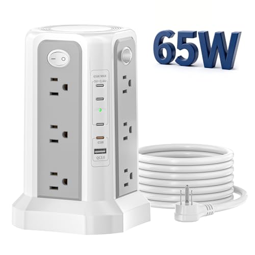 PASSUS PD 65W USB C Fast Desktop Charging Station Tower Power Strip - color: Gray White-4C1A