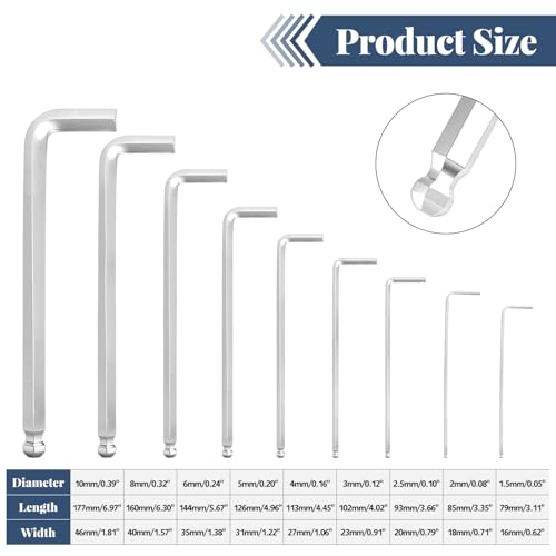 9-Piece Metric Allen Wrench Set, 1.5-10mm Mid-Long Anti-Glare Matte Chrome Vanadium Steel Hex Key Set, L-Shaped Allen Ball End Wrenches for Bike, Motorcycle & Auto Repair - color: Mid-long Matte Set