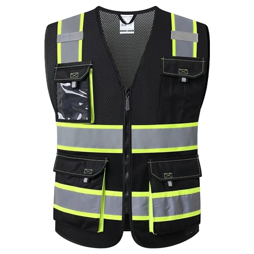 JKSafety Hi Vis Reflective Safety Vests for Men Women High Visibility Vest with Pockets Fabric Construction Safety Apparel Neon Vest for Work (220-Black M) | 5 utility Pockets 4 Reflective Strips High Visibility Mesh Fabric Construction Safety Apparel Neo