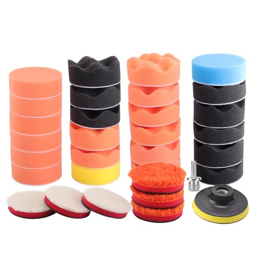 Drill Polishing Kit for Car, 3''(80mm) 32Pcs Car Foam Buffing Pads, Wool Pads Drill Buffing Pad, Wax Buffer Polisher Attachment with 5/8-11 Thread Backing pad & Adapters - color: 3 inch 32PCs