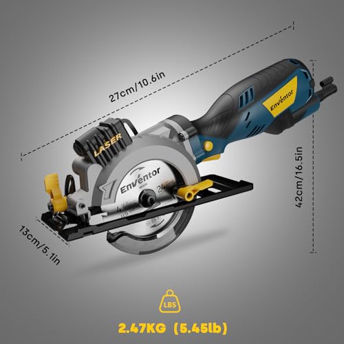Enventor Mini Circular Saw with Laser Guide, 6 Blades 4-1/2", 5.8A Corded | 3500 RPM, Max Cut 1-11/16 in at 90° and 1-1/8 in at 45°, Dust Port, Vacuum Adapter for Soft Metal, Wood, Tile Cutting