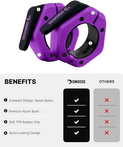 DMoose Fitness Barbell Clips 2 Inch (Pair) - Quick Release Olympic Barbell Clamps & Collars with Anti Slip TPR Grip for Secure Weightlifting and Powerlifting - Weight Clips for Bars at Home or Gym - color: Purple, style: Magnetic
