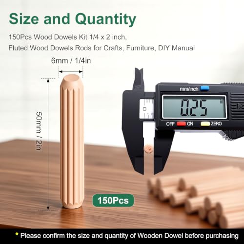 150Pcs Wood Dowels Kit 1/4 x 2inch, Wooden Dowel Pins, Fluted Wood Dowels Rods for Crafts, Furniture, DIY Manual - size: 1/4"x 2"-150pcs