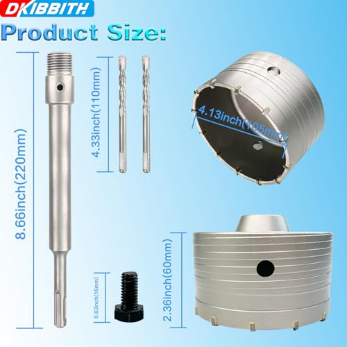 4-1/8" Concrete Hole Saw, 105mm Tungsten Steel Core Bit for Cinder Block, Brick, Rock, Plank Walls for Pipes or mini Split Lines, with SDS Plus Shank and 2 Center Positioning Drill Bits. - size: 4-1/8"