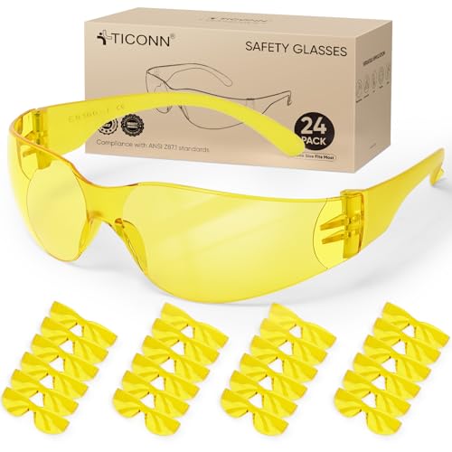 TICONN Clear Safety Glasses for Men & Women, ANSI Z87.1 Safety Goggles - style: 24 Pairs Yellow