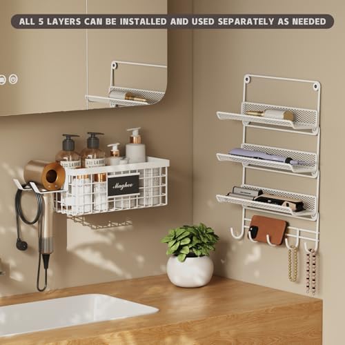 Magheo Hair Dryer Holder Wall Mounted, Adheisve Hair Styling Tool Organizer for hair Brush/Appliance Wall Mount with 5 Tier Shelf Basket Hooks Blow Dryer and Straightener Holder for Bathroom(White) - color: White