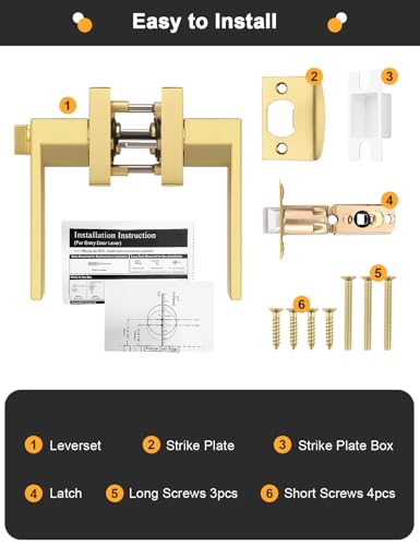 Gobrico 1 Pack Heavy Duty Gold Square Privacy Interior Door Levers, Satin Brass Finish, Bedroom and Bathroom Door Handles Keyless Bed/Bath Lockset - color: Brushed Gold