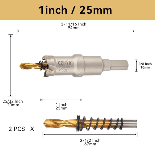 25/32"(20mm) Tungsten Carbide Tipped Hole Saw with 2Pcs Titanium-Plated Pilot Drill Bits for Hard Metal,Stainless Steel,Iron,Aluminum Alloy,Wood and Plastic - size: 20mm | 25/32"